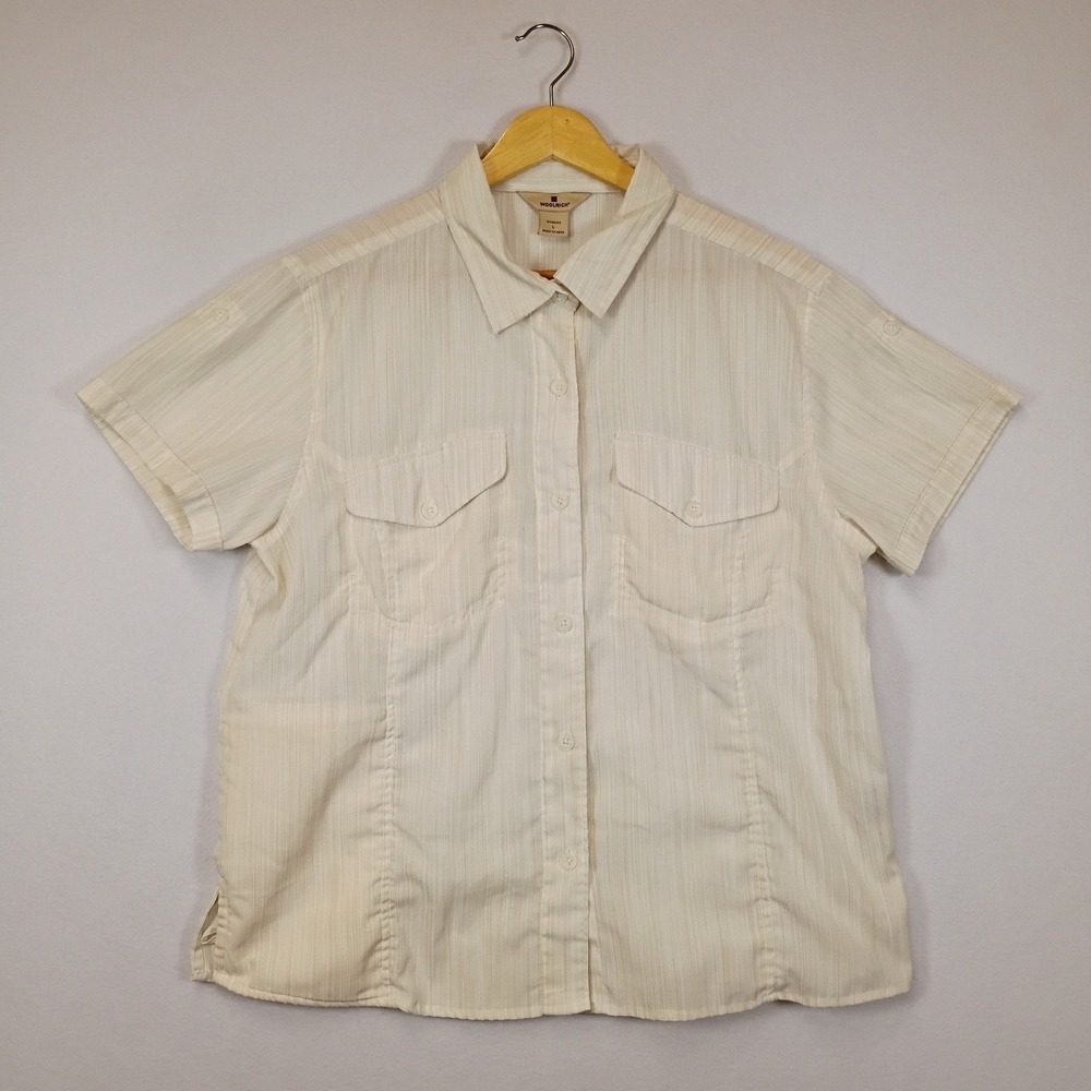 Gorpcore Woolrich Womens L Cream 3XDRY Short Sleeve Utility Button Up Shirt